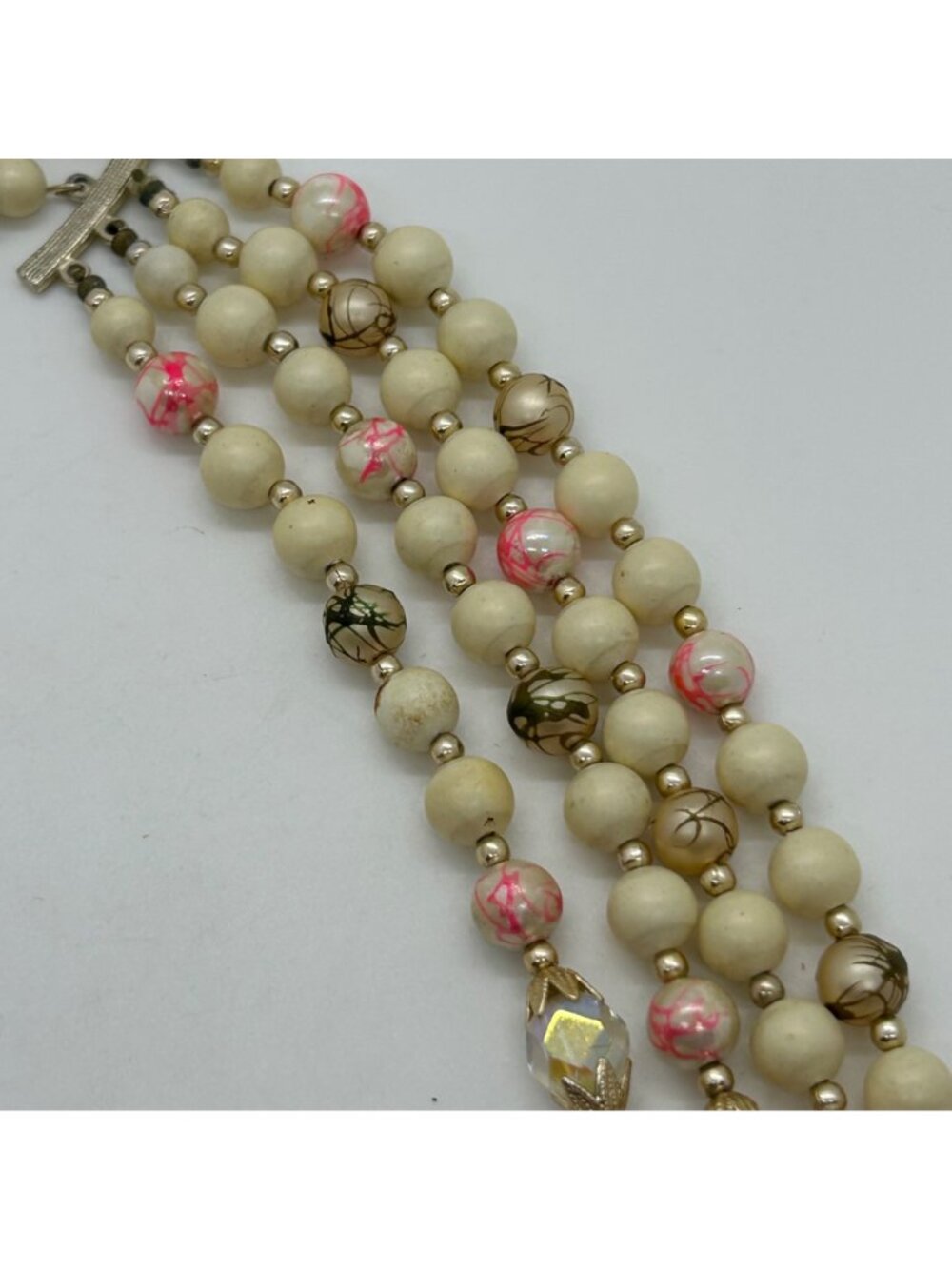 Vintage 4-Strand Japan Necklace Pink Swirl Beads Glass Acrylic Gold-Tone 1950s - Picture 14 of 16